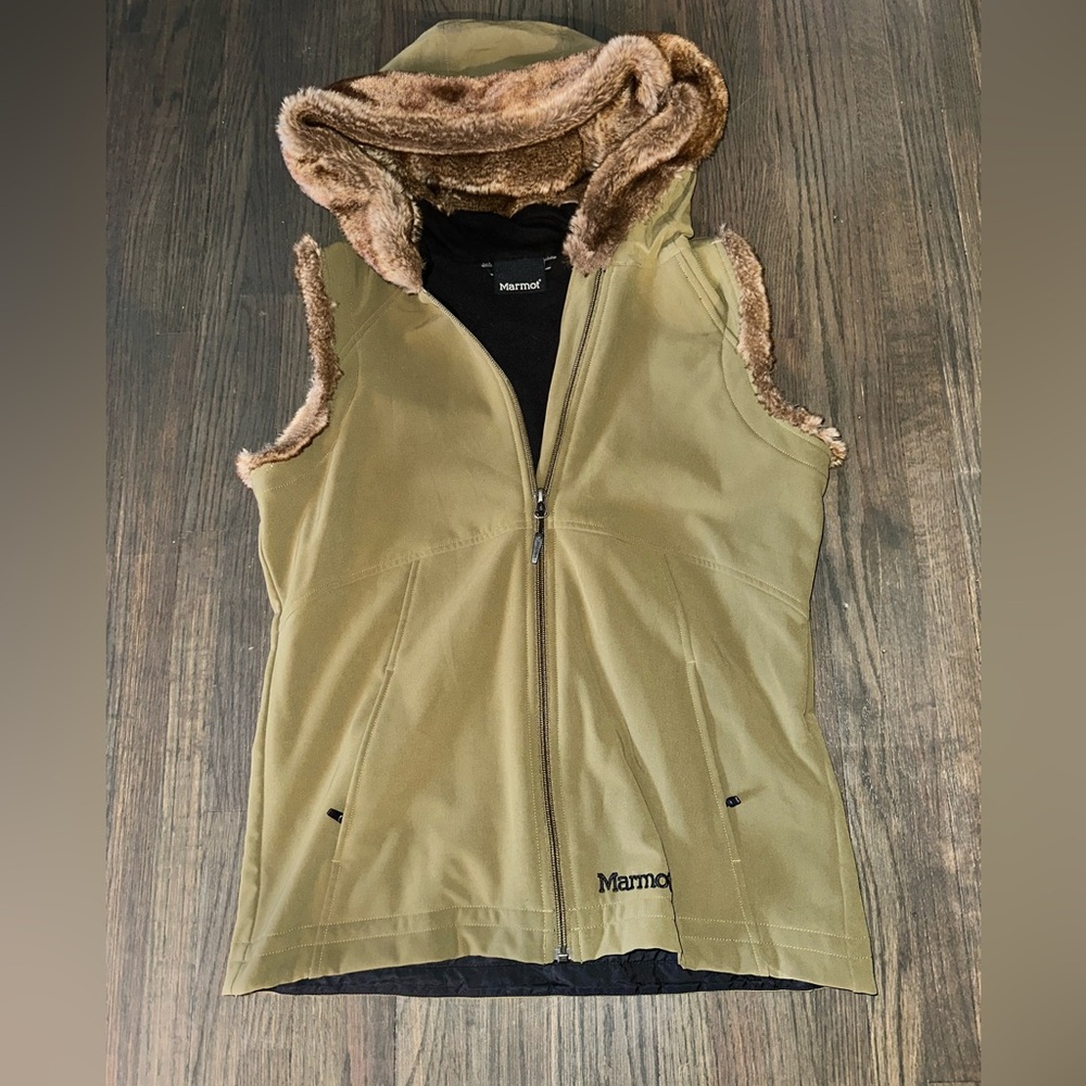 Marmot Olive Green Furlong Hooded Vest with Faux Fur Trim